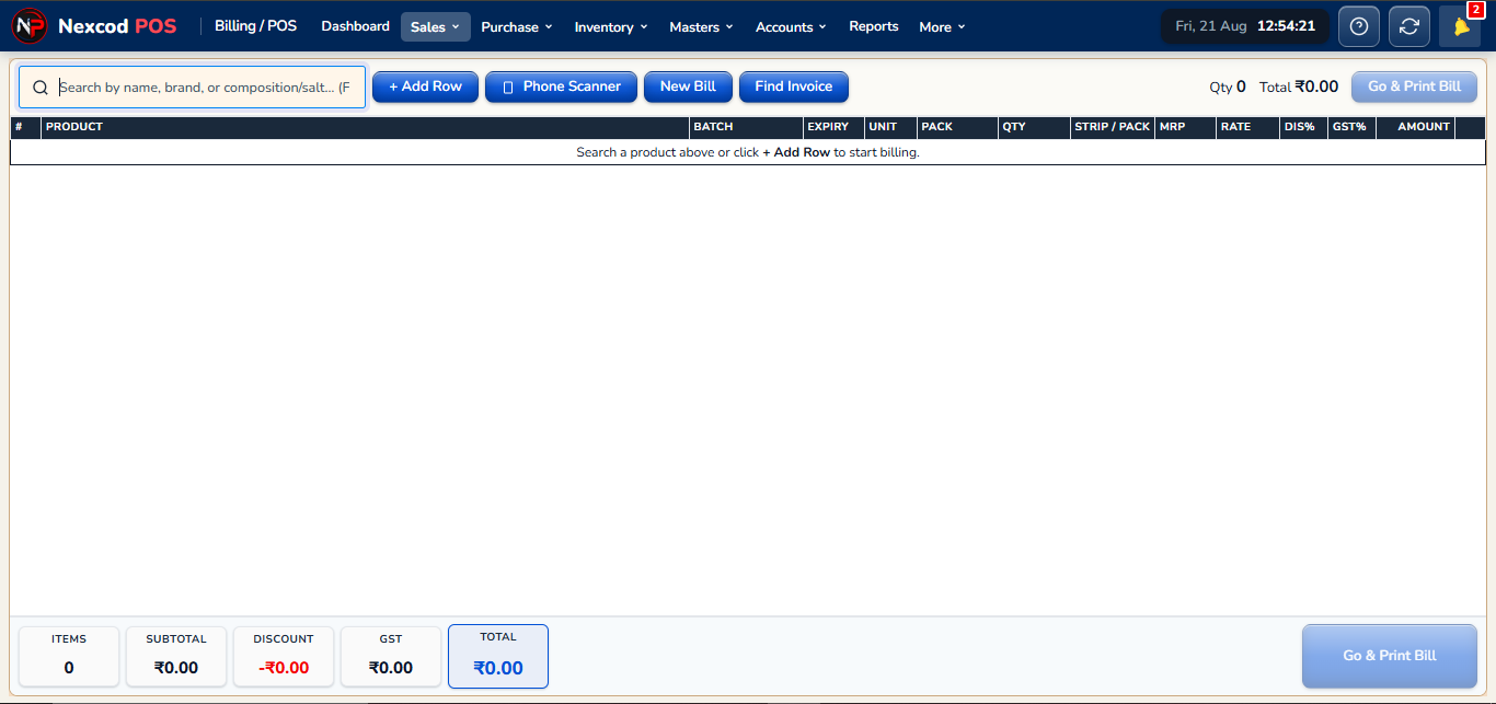 Billing Dashboard, Nexcod POS