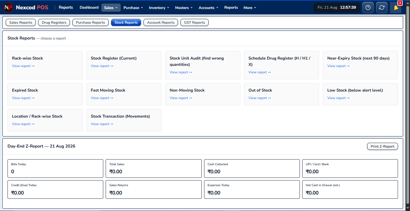 Stock Reports, Nexcod POS