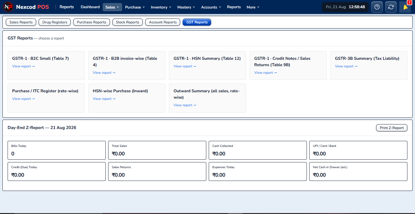 GST Reports, Nexcod POS